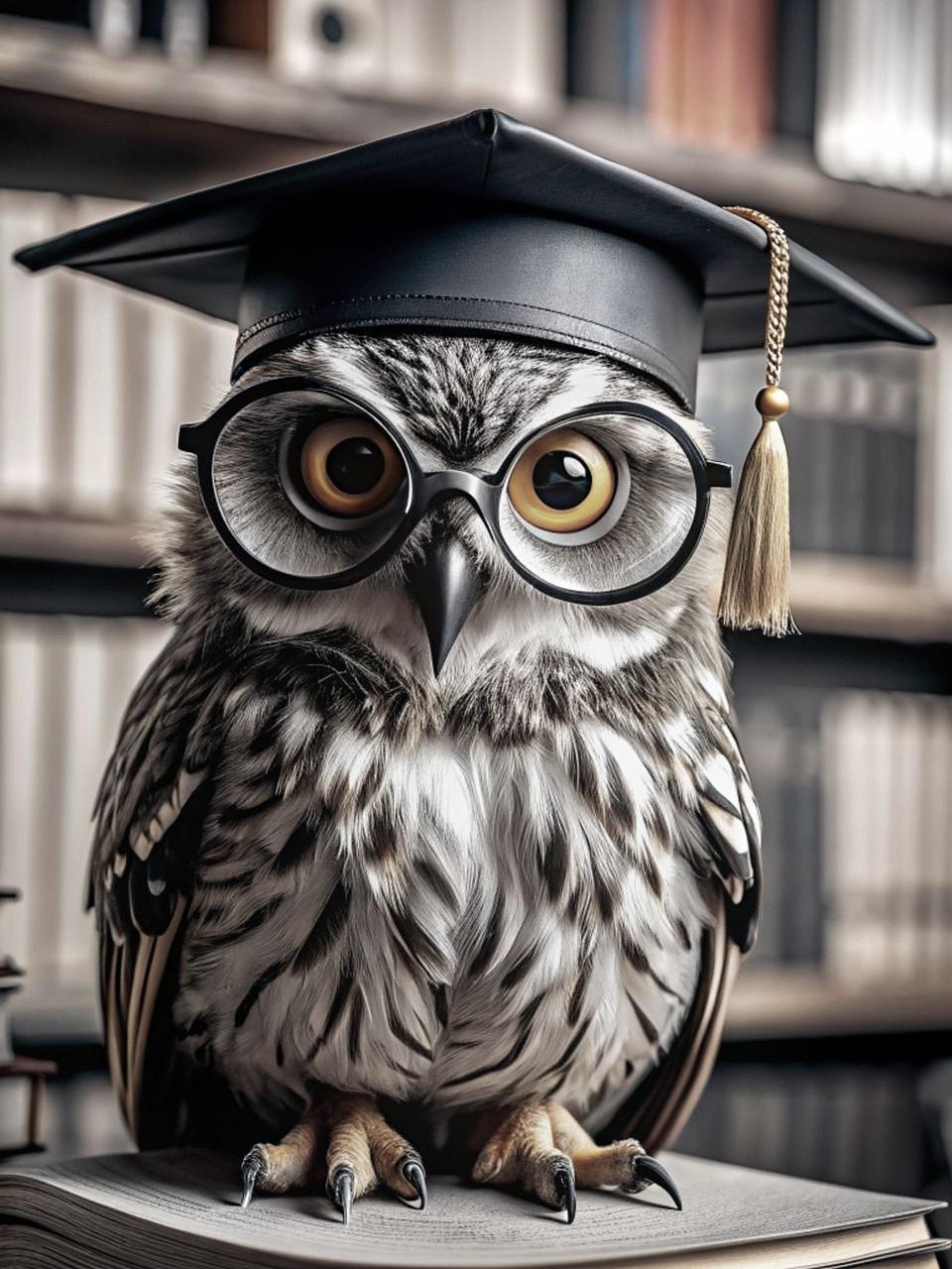 Eule mit Professorenhut und Brille vor Büchergestell