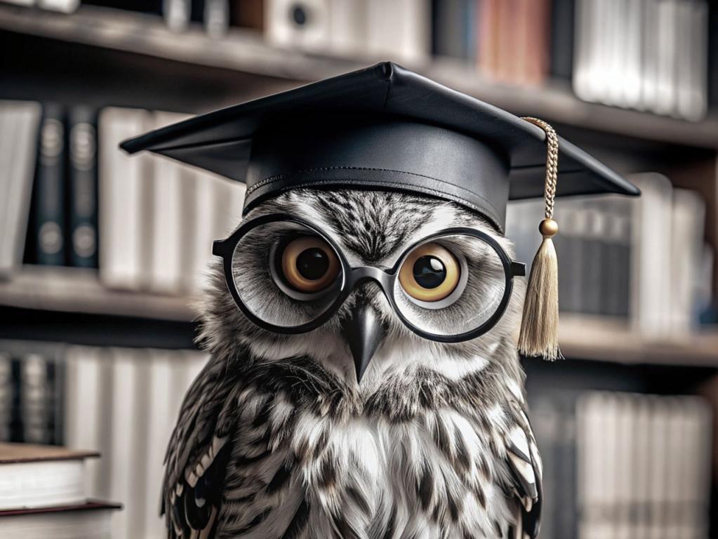 Eule mit Professorenhut und Brille vor Büchergestell